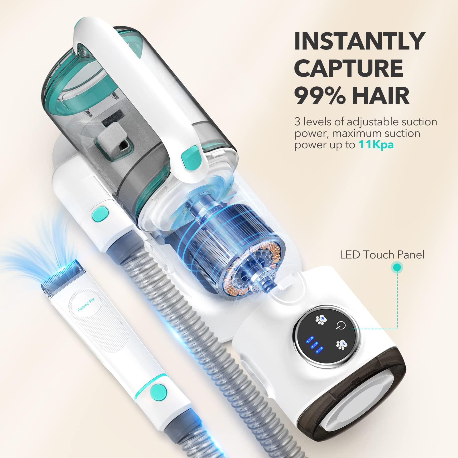 Famree Pet F3 Pro Pet Grooming Kit & Vacuum Suction 99% Pet Hair