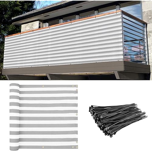 E&K Balcony Privacy Screen for Deck Yard Patio Pool 3'x42' Privacy Fence Screen Porch Yard Backyard Railings Chain Link Fence Dog Fencing Privacy Screen Cover with Zip Ties Gray White Strip