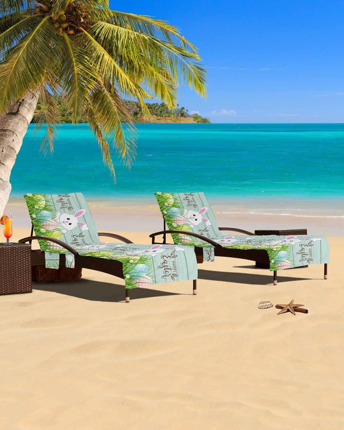 Easter Bunny Beach Pool Patio Lounge Chaise Chair Cover Towel With Pockets,Absorbent & Quick Dry Microfiber Towel Cover Bag Summer Accessories for Sunbathing Easter Colorful Egg Farmhouse Wooden Green