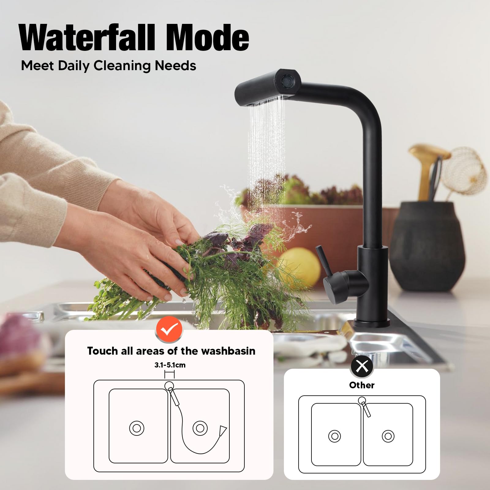 Robinet cascade de cuisine extensible Mitigeur Cuisine Rotatif à 360° Robinet de Cuisine avec Pulvérisateur Extractible,4 Modes de Jet,Froid & Chaud Disponible (Noir)