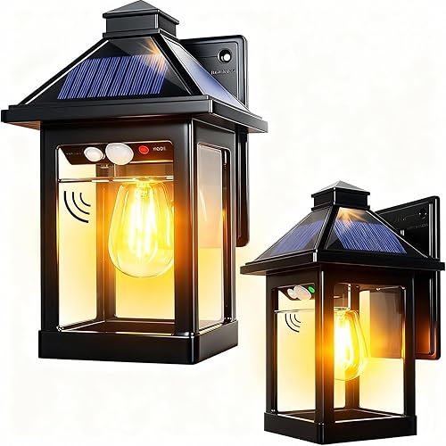 Paquete de 2 faroles de pared alimentados por energía solar con 3 modos de iluminación, aplique solar LED del atardecer al amanecer, montaje en