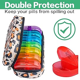 Serfeymi Weekly Travel Pill Organizer 2 Times A Day AM PM Upgraded Rainbow Pill Box 7 Day with Portable Zipper PU Leather Pill Case, Medicine Organizer for Pills, Vitamins, Fish Oils - Brown 02