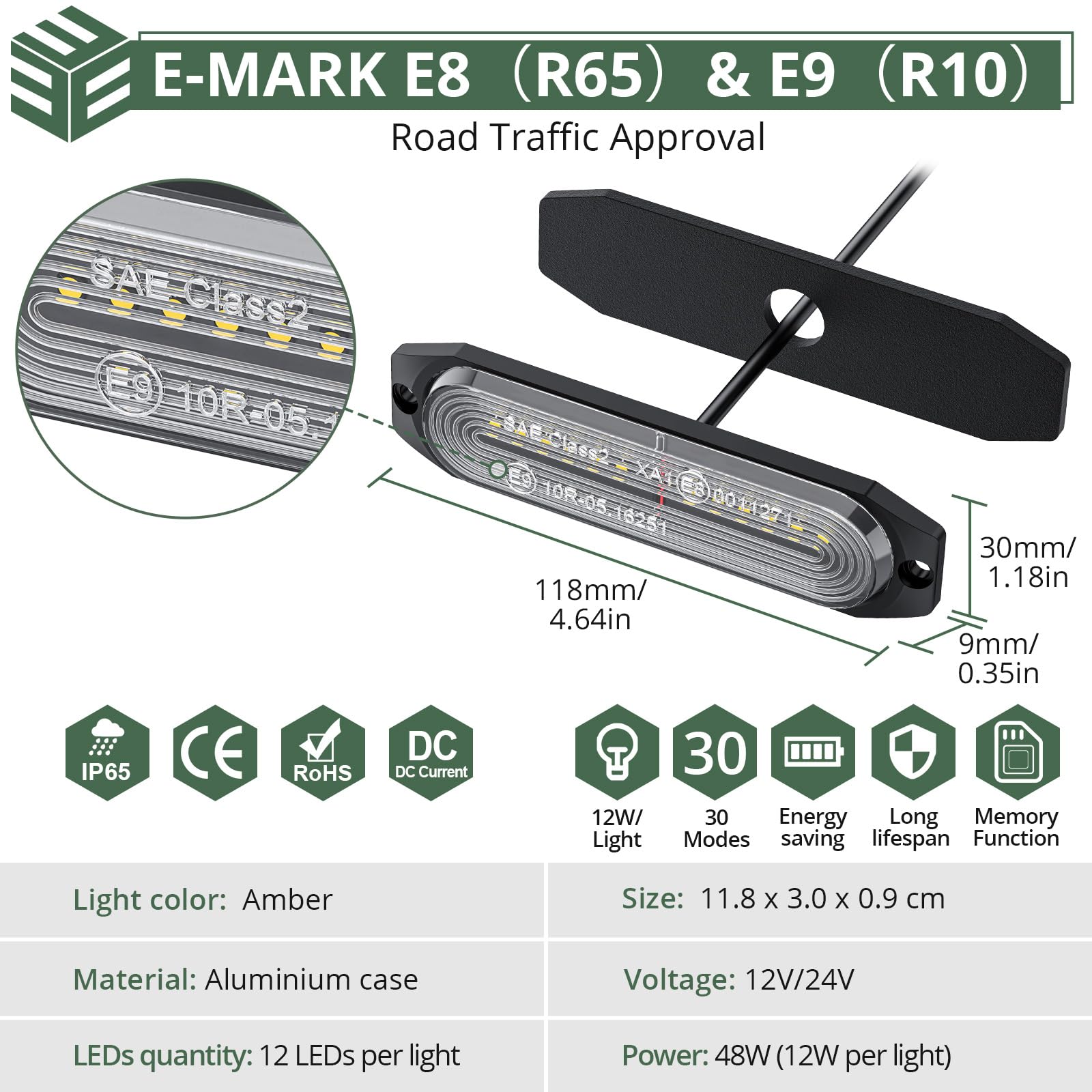 EYPINS 12LED Luces Estroboscópicas, 8pcs Luz de Advertencia Luz Intermitente Estroboscopio IP65 Luz de Emergencia 30 Modos Intermitentes 12V/24V para Camión, Tractor, Carretilla Elevadora