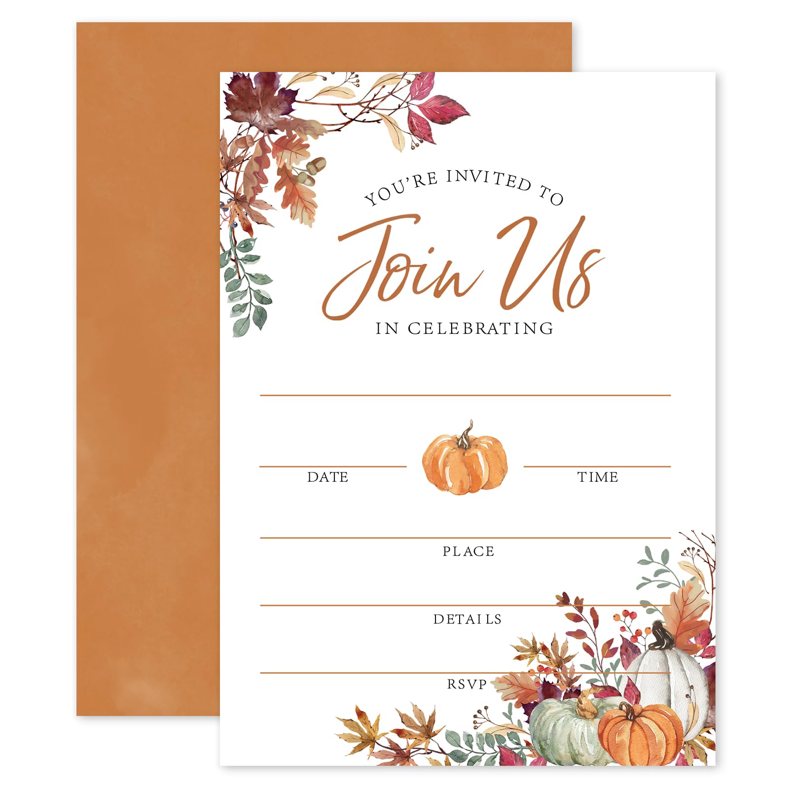 Whaline Fall Invitations 25 Sets Autumn Leaves Pumpkin Invitation Cards with Envelopes Stickers Rustic Harvest Blank Invites for Thanksgiving Wedding Birthday Baby Shower, 5 x 7 Inch