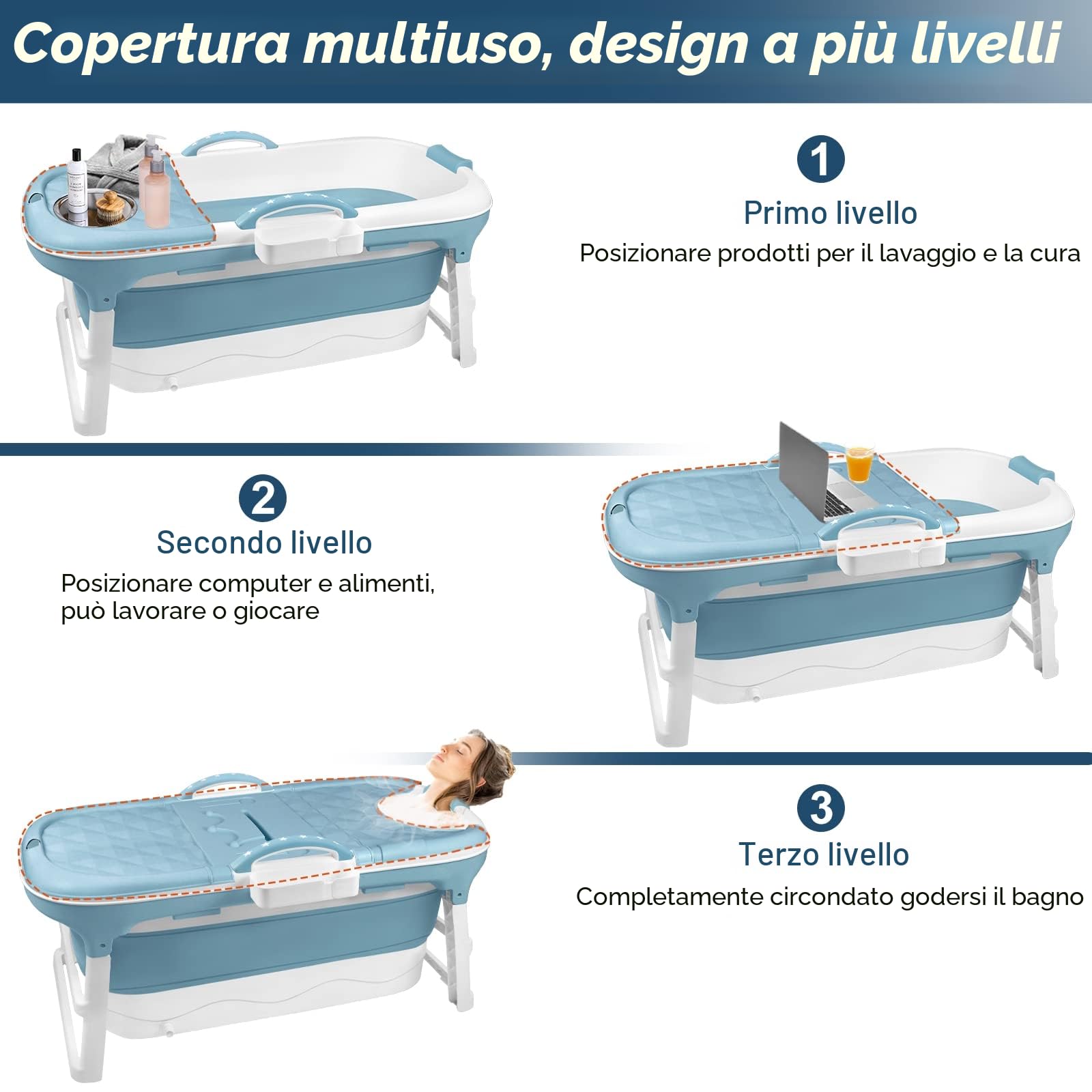 ACXIN - Vasca da bagno pieghevole, vasca da bagno mobile per adulti, con copertura rimovibile, cestino per il sapone e rotoli per massaggio, adatta per bagni piccoli e SPA, 118 x 62 x 53 cm