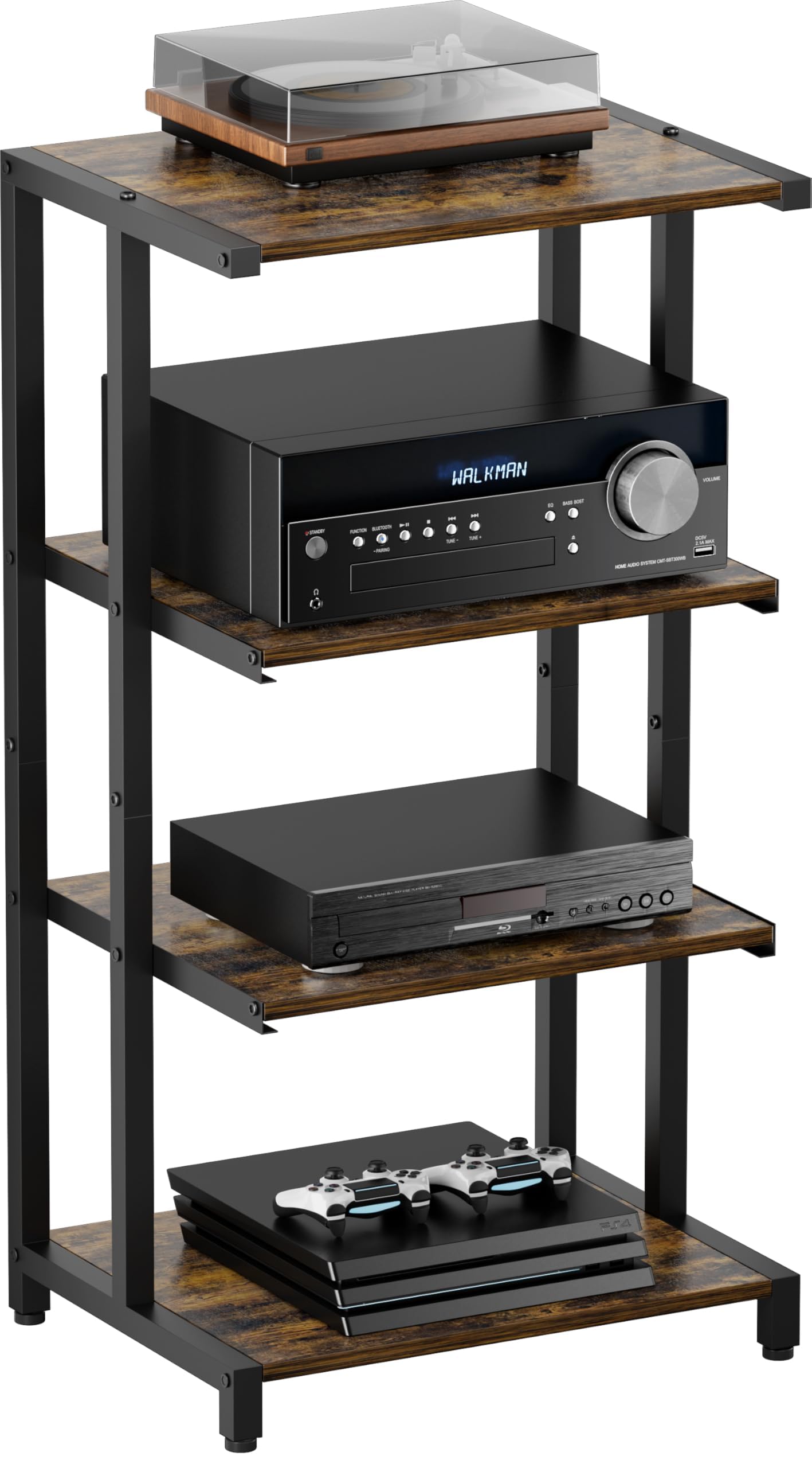 Ardier 4-Tier Wooden Media Stand, AV Media Stand Corner Shelf for TV Accessories/Audiovisual Equipment/Optical Disc/PS4, Audio Storage Rack for Living