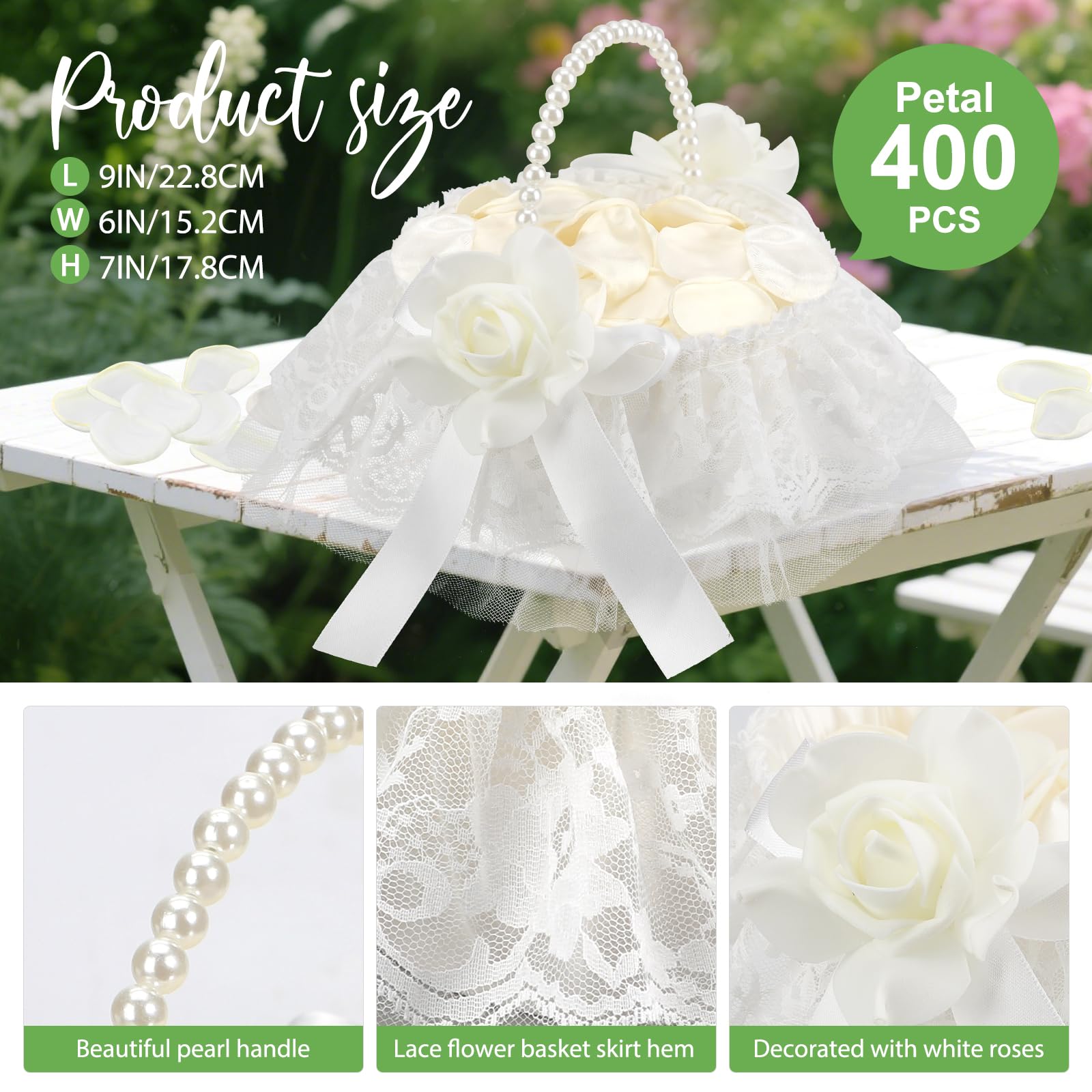 Hochzeitskorb für Blumenmädchen, 2er-Set, Spitzen-Perlen-Hochzeitskorb – mit 400 künstlichen Seidenblüten für romantische Nacht, Brautparty, Dekoration (Blume)