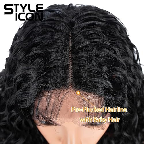 Miniatura 7 de Style Icon Peluca negra corta rizada ondulada con parte media de encaje frontal sintético BIO y fibra vegetal (13 pulgadas, 1)