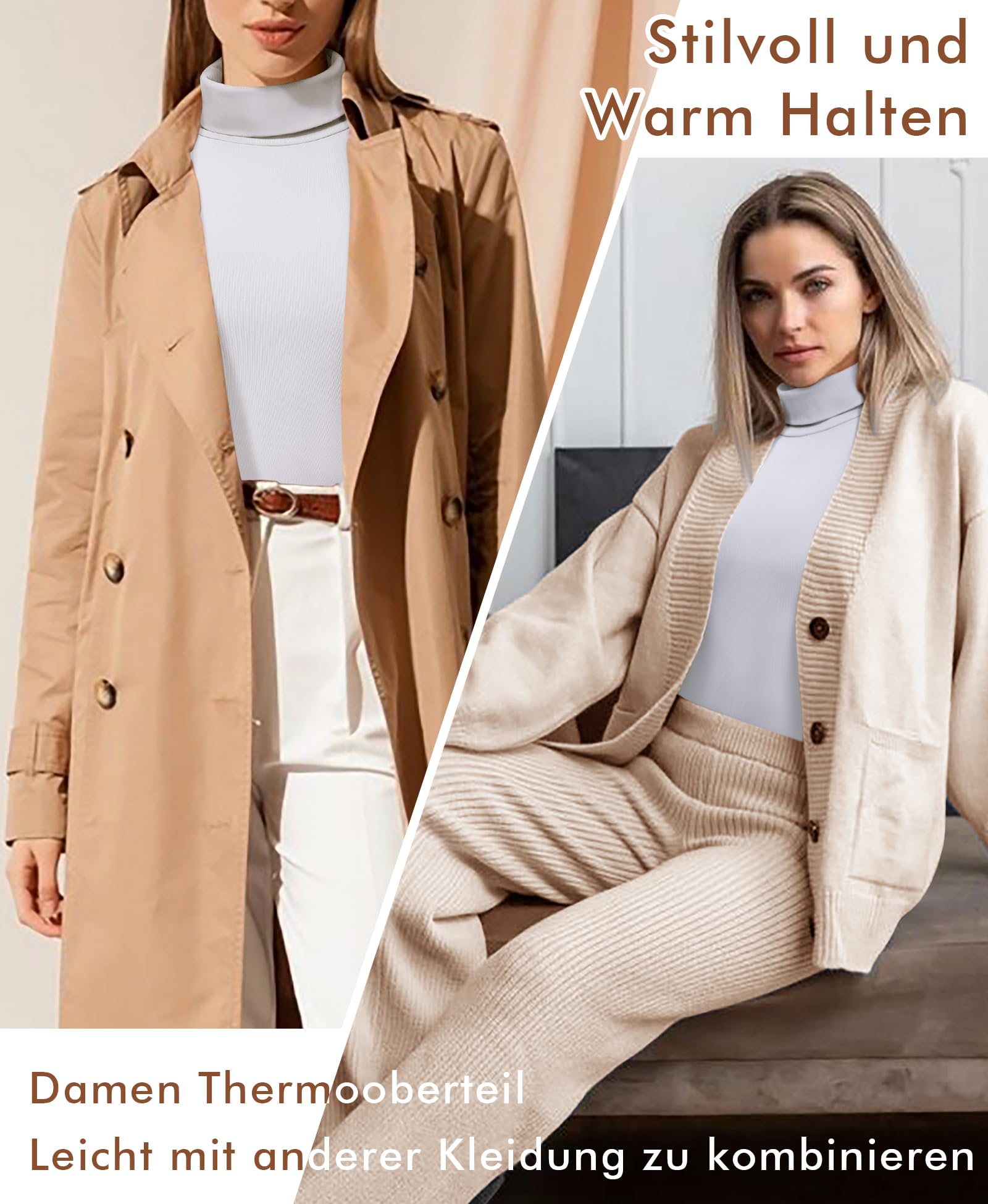 Thermo Oberteil Damen Thermounterwäsche Rollkragenshirt Innenfleece Thermo Unterhemd Rollkragen Langarmshirt Rollkragenpullover Stehkragen Shirt