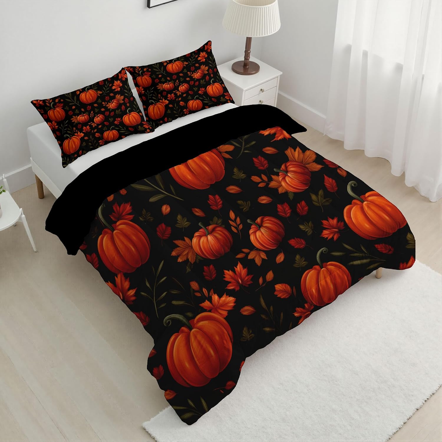 Cartoon Plants Comforter Set Queen Size, Pumpkin Autumn Leaves Bedding Set for Teens Adults Room, Black Soft 90" x 90" Quilt with 2 Pillow Cases, Lightweight Black Quilt for All Season