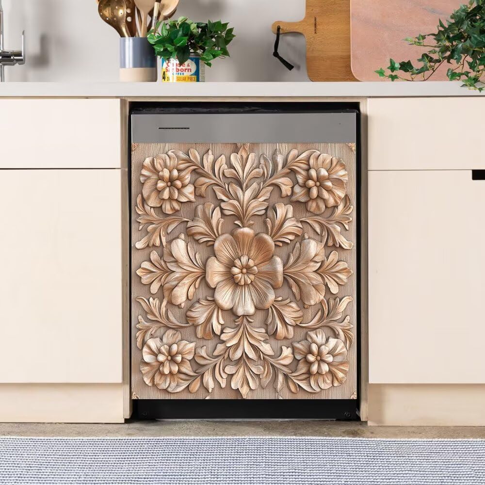 Carved Wooden Flowers Dishwasher Magnet Cover Decorative Retro Magnetic Dishwasher Front Door Cover Refrigerator Magnet Sticker Home Kitchen Decor 23" x 26" Magnetic