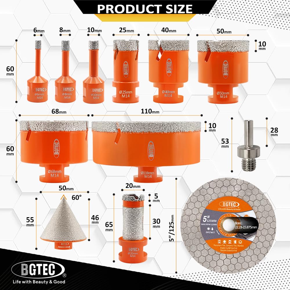 BGTEC Punta Diamantata Sega a tazza Diamantata, 11 pezzi(6/8/10/25/40/50/68/110MM+20mm Fresa Diamantata+35mm Punte Smusso+125mm Lame Diamantate) per Granito Marmo Gres Porcellanato Ceramica