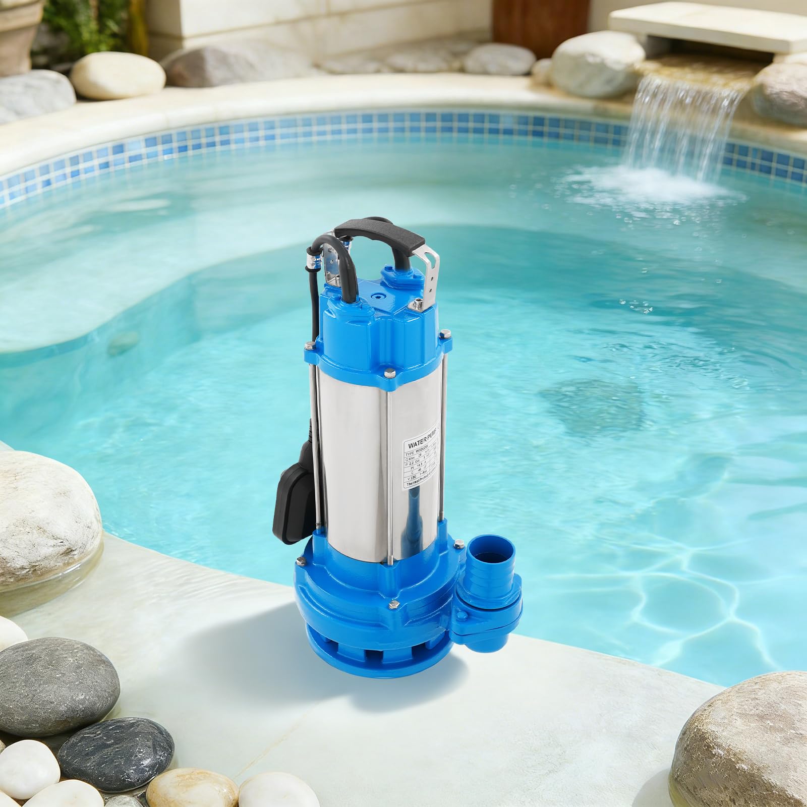Bomba sumergible de agua de 2200 W con 26 m³ Q Max, 2850 rpm, para depósitos de almacenamiento exterior, sótanos, alcantarillas, plantas de tratamiento de aguas residuales, fuentes de ventana (azul)