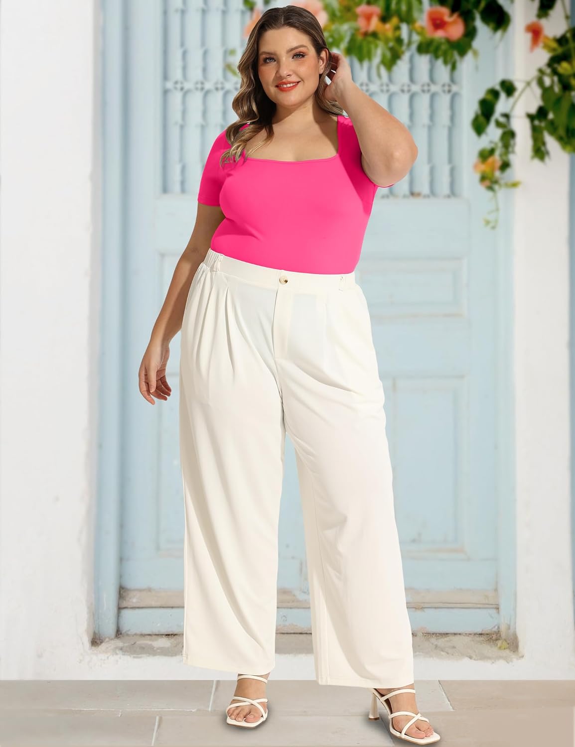 FOREYOND Plus Size Bodysuits for Women Short Sleeves Square Neck Body Suit Tops Casual Basic Slim Fit Shirts Leotards - Image 3