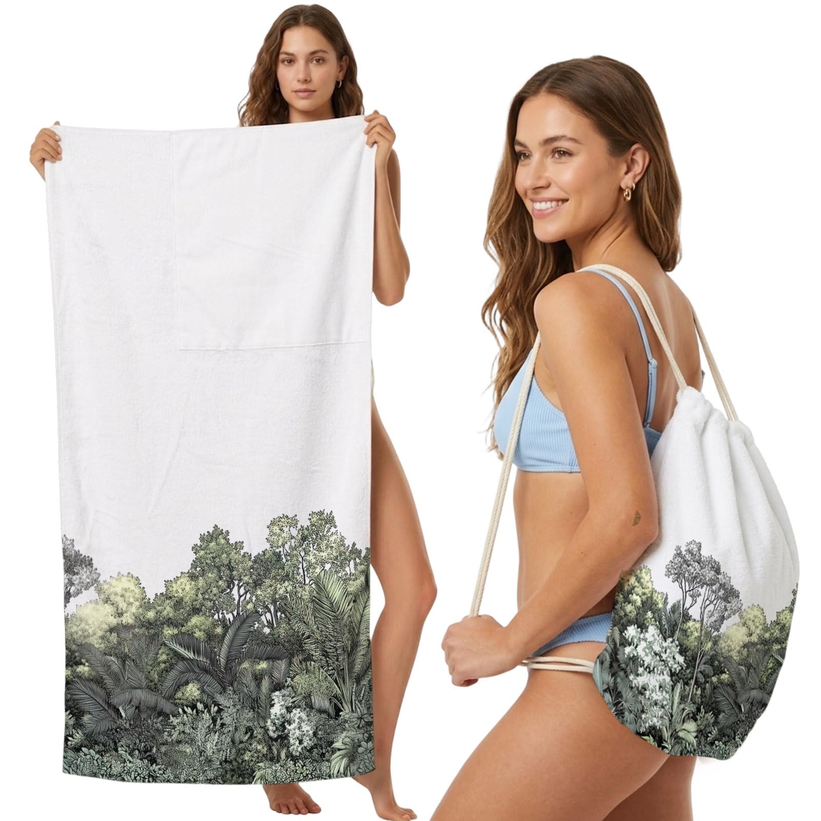 FWJZDSP Beach Towel Bag 2 in 1 Tropical Plant Monstera Bath Pool Towels Backpack Palm Trees Absorbent Beach Towel Soft Quick Dry Lightweight Towels Drawstring Bag for Travel Camping Sports Picnic
