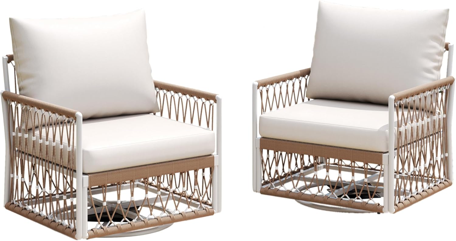 Christopher Knight Home Fiora 360° Swivel Patio Chairs Set of 2 with Handwoven Rope, Powder-Coated Steel Frame Outdoor Lounge Chairs, Patio Seating with Waterproof Cushions, Beige + Natural