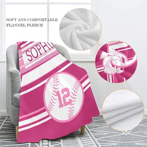 Miniatura 4 de Mantas personalizadas de béisbol blanco y rosa para cama, sofá, sofá, viajes, camping, senderismo, suave y acogedora, 50 x 60 pulgadas