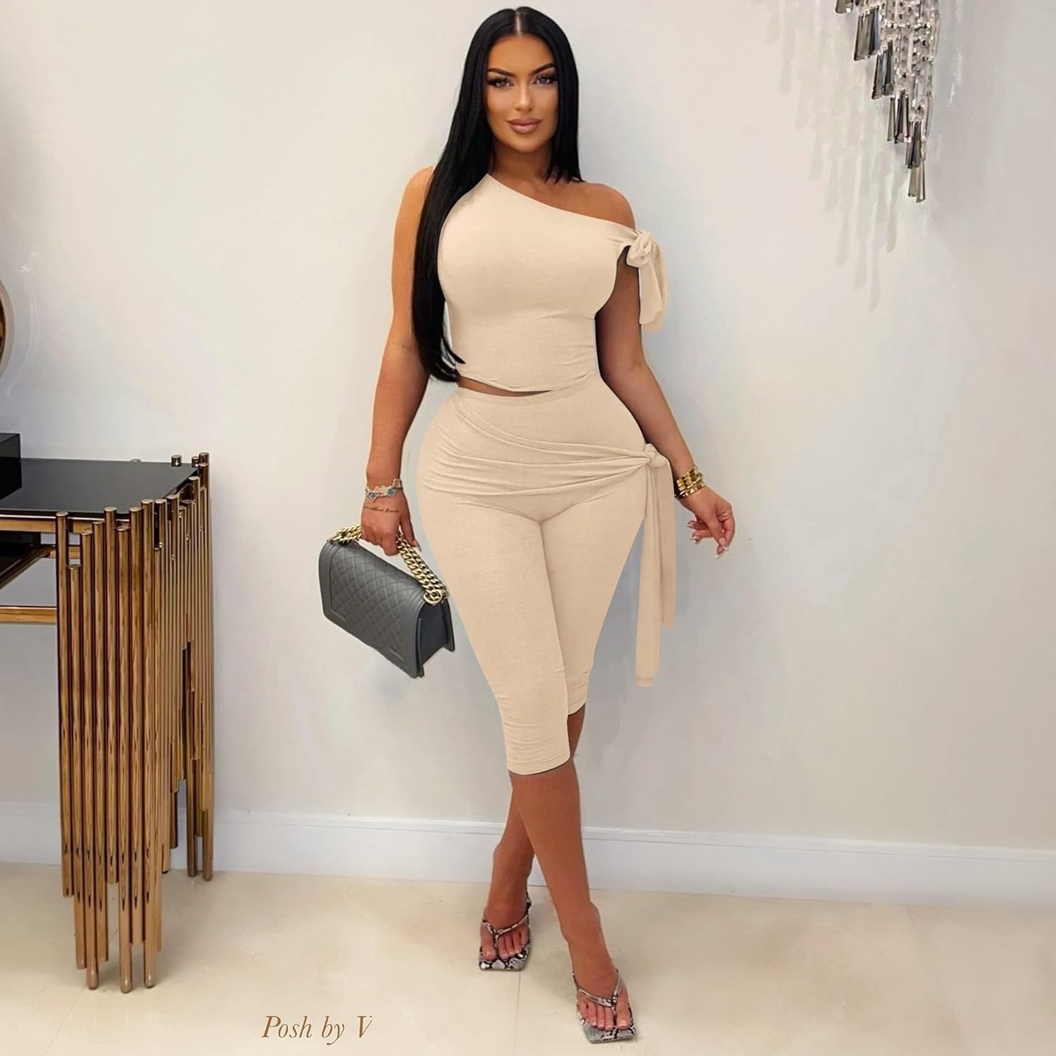 Vssjavun Women's 2 Piece Outfits Sexy Sleeveless One Shoulder Crop Tops Bodycon Capri Pants Sets - Image 2