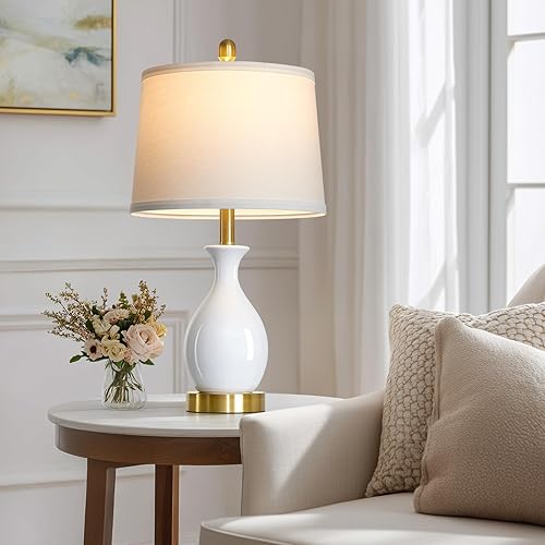 Miniatura 4 de Juego de 2 lámparas de mesa de cerámica blanca de 24 pulgadas para dormitorio, lámparas de noche clásicas modernas para mesita de noche, lámpara