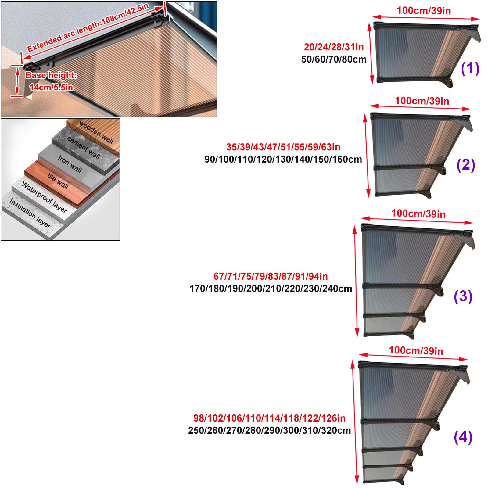 Aluminiowe drzwi i okna, baldachim chroniący przed promieniowaniem UV i deszczem, osłona tarasu, schronienie ogrodowe na zewnątrz (99 x 280 cm) - przesuwne,