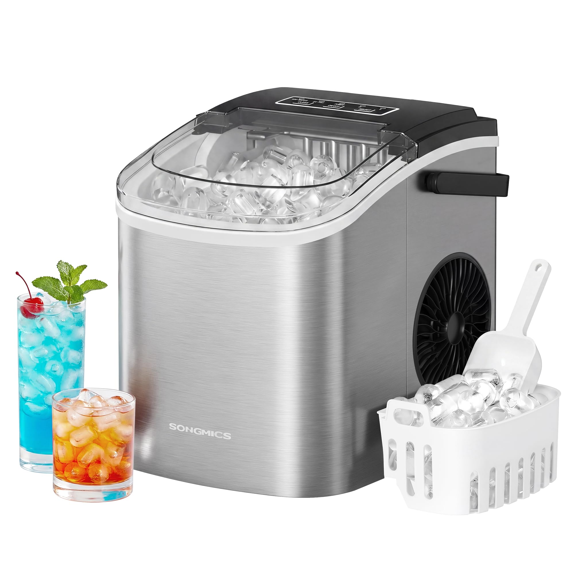 SONGMICS Eiswürfelmaschine, Eiswürfelbereiter, Eismaschine mit Selbstreinigung, in 6 Minuten 9 Würfel in 2 Größen, 12 kg in 24 Stunden, tragbar, Küche, WG, Party, Camping, Silbergrau XZB001E1EU