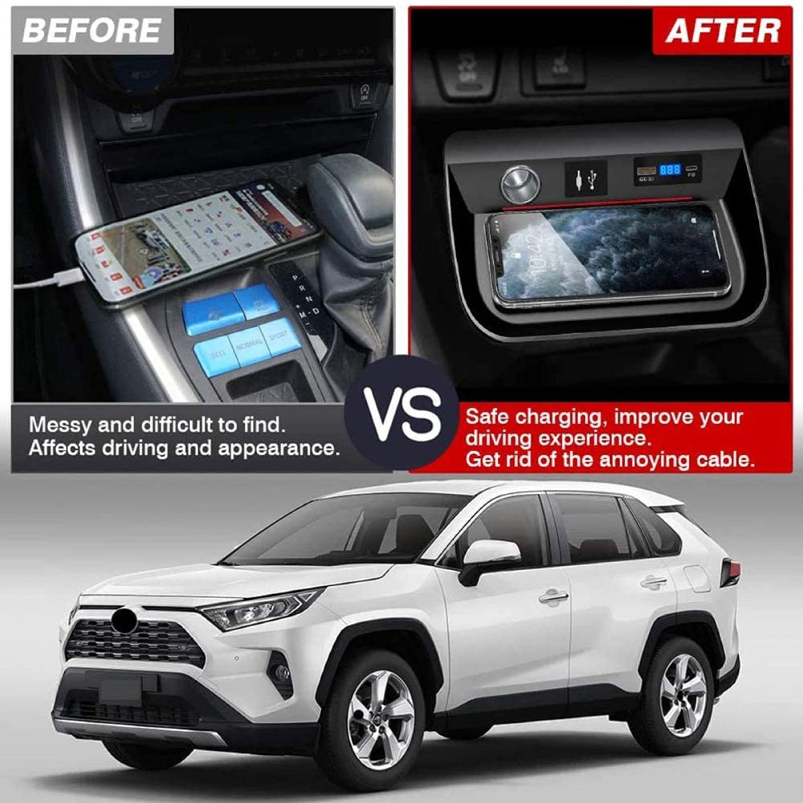 Cargador de coche inalámbrico para panel de consola central toyota RAV4 2020 2021, soporte para teléfono de carga rápida de 15 W con almohadilla de carga inalámbrica USB QC3.0 y PD, unidad derech