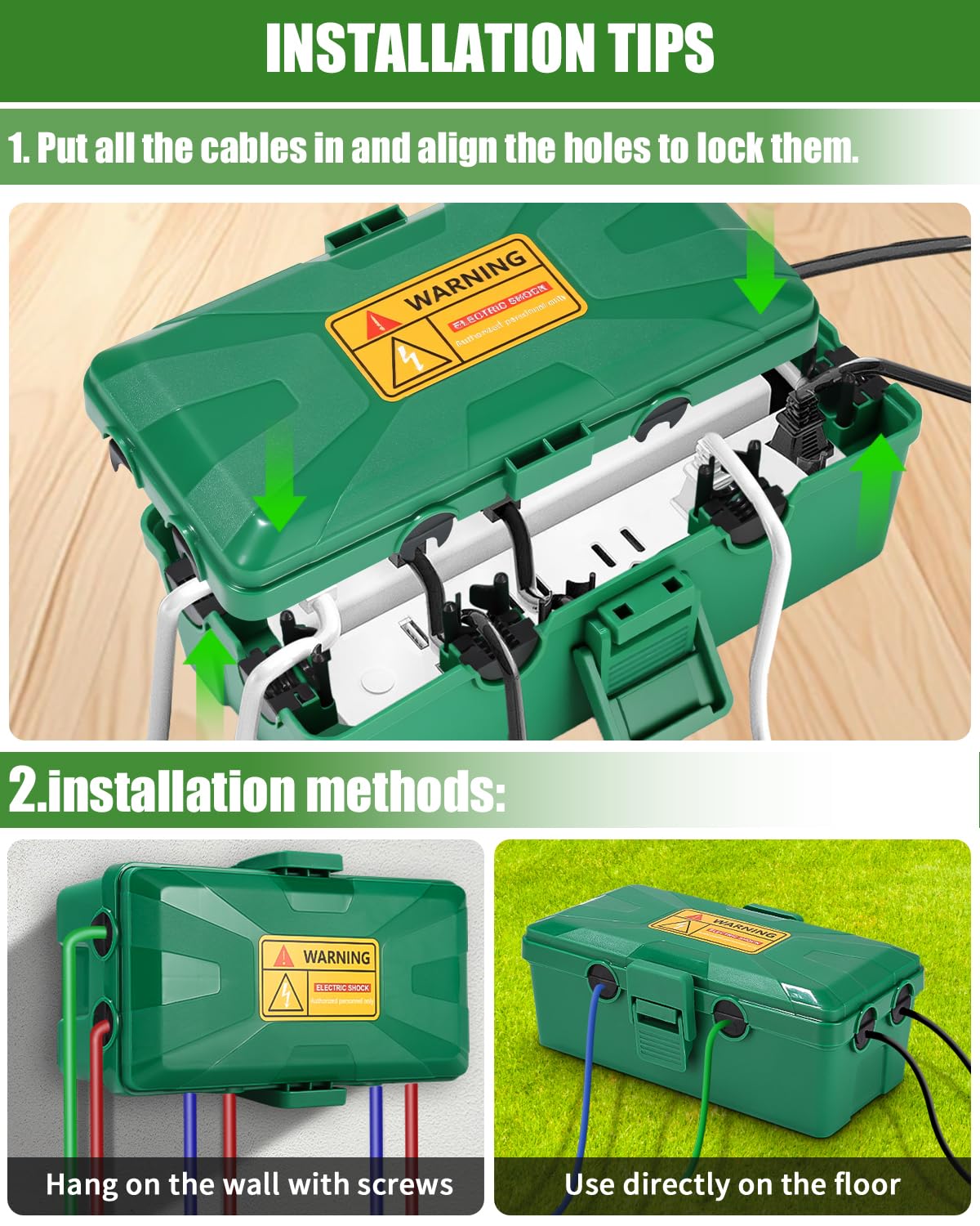Kabelbox Wasserdicht,26.1x15x9.4 cm,Outdoor Kabel Safe Box,kabelbox,6 Kabeleingänge und ausgänge,Wetterfester Anschlusskasten Abdeckungen Schützen Steckdose,Zeitschaltuhr,Holiday Light,grün