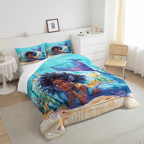 Miniatura 5 de Juego de edredón de sirena negra para niños, tamaño Queen, ropa de cama de princesa sirena azul africana, regalo para niños y adultos, regalo de