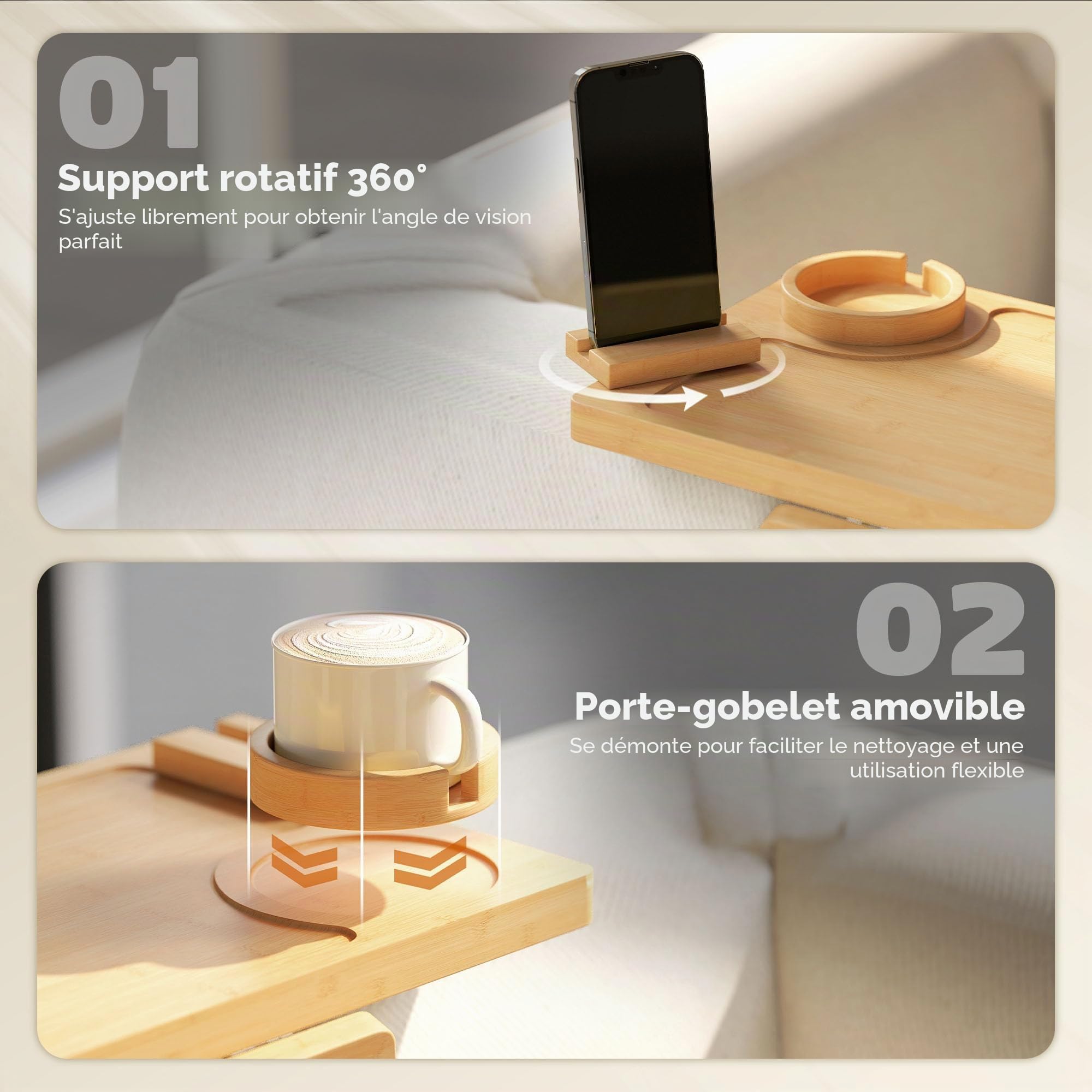 HOMCOM Plateau d'accoudoir de canapé en Bambou Flexible, Plateau d'accoudoir de canapé avec Porte-gobelet Amovible, Table d'appoint à charnière avec Support pivotant à 360° pour téléphone,