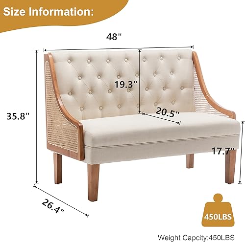 Miniatura 2 de Andeworld Banco de sofá biplaza con brazos de ratán natural, mini sofá tapizado moderno, banco de comedor de banqueta, asiento de amor para sala de