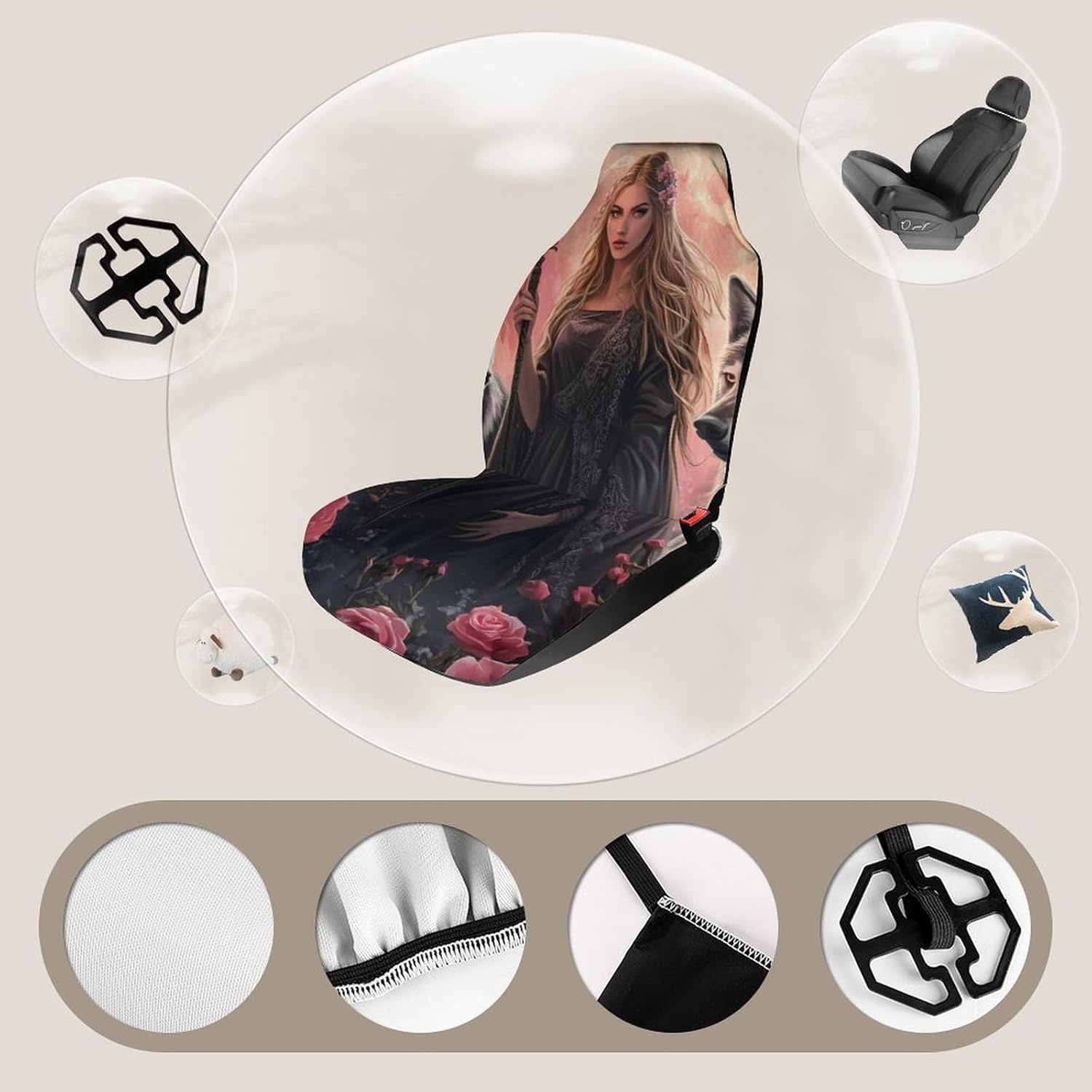 Witchcraft Goddess with Wolf Dogs Car Seat Covers Universal Car Front Seats Protector Auto Interior Accessories 2PCS