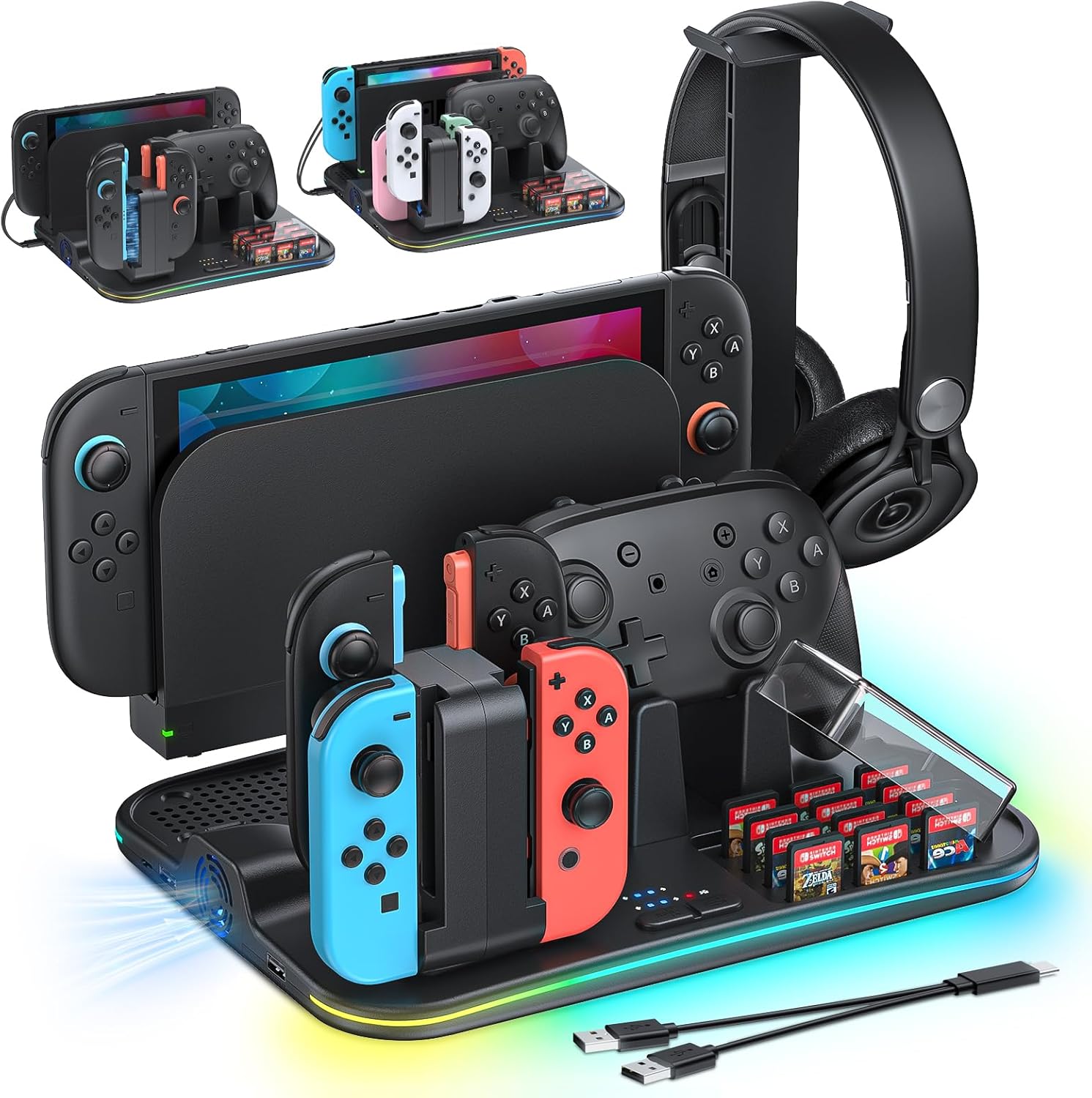 [Switch 2/1 Compatible] FASTSNAIL Charging Dock & Orgainzer Station & Cooling Fan for Nintendo Switch 2/1/OLED, Storage Stand for JoyCon 2/1 with 12 Card Slots, Controller/Headset Holder, 9 RGB Modes