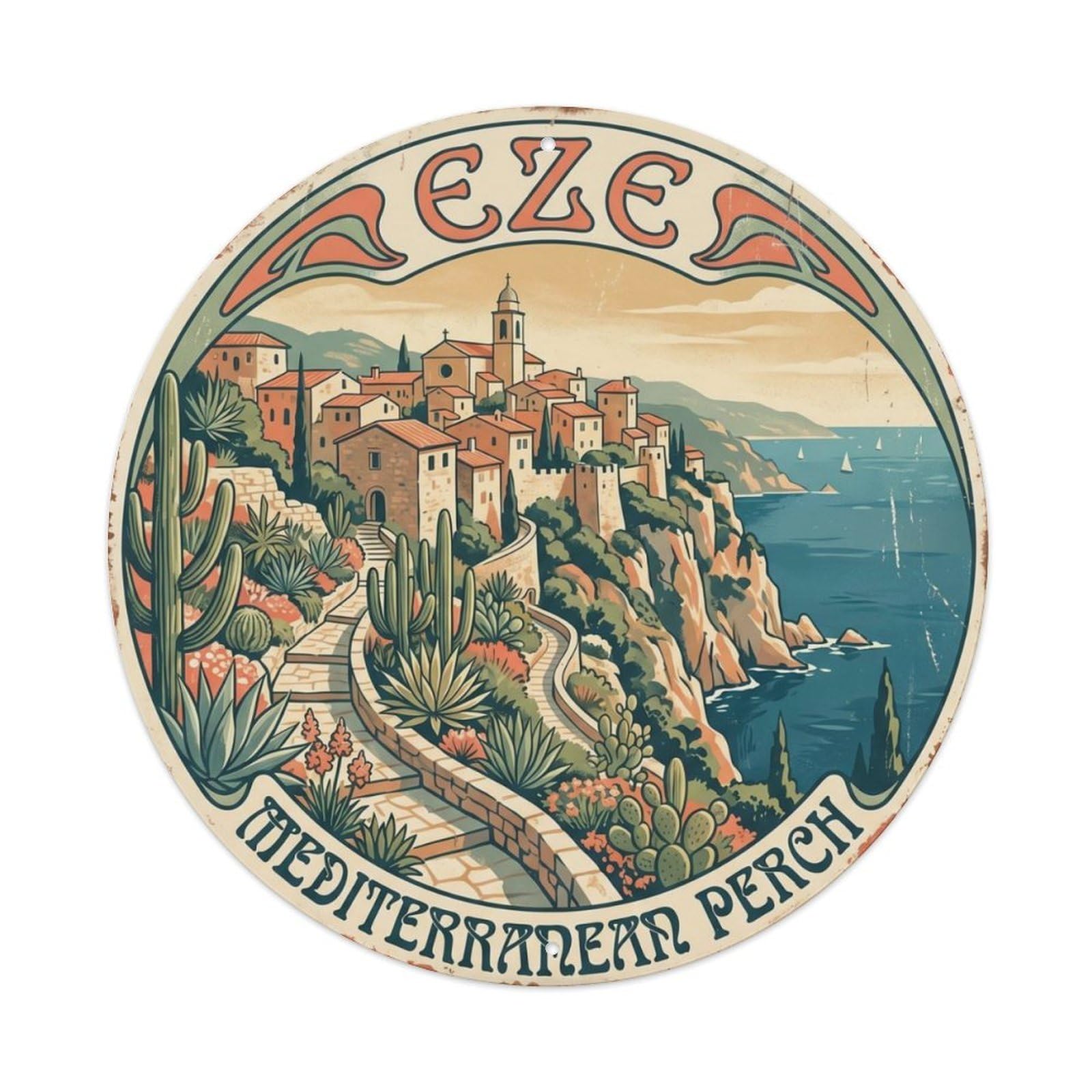 Vintage Travel Eze Gardens Coastal Metal Tin Sign Plaque Wall Decor for Cafe, Club Bar, Office, Home Garden Round Metal Poster 8x8Inch