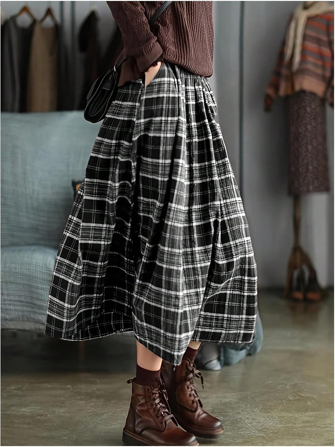 SHENHE Women's Plaid A Line Skirt Elastic High Waist Flowy Vintage Long Skirt with Pockets - Image 2