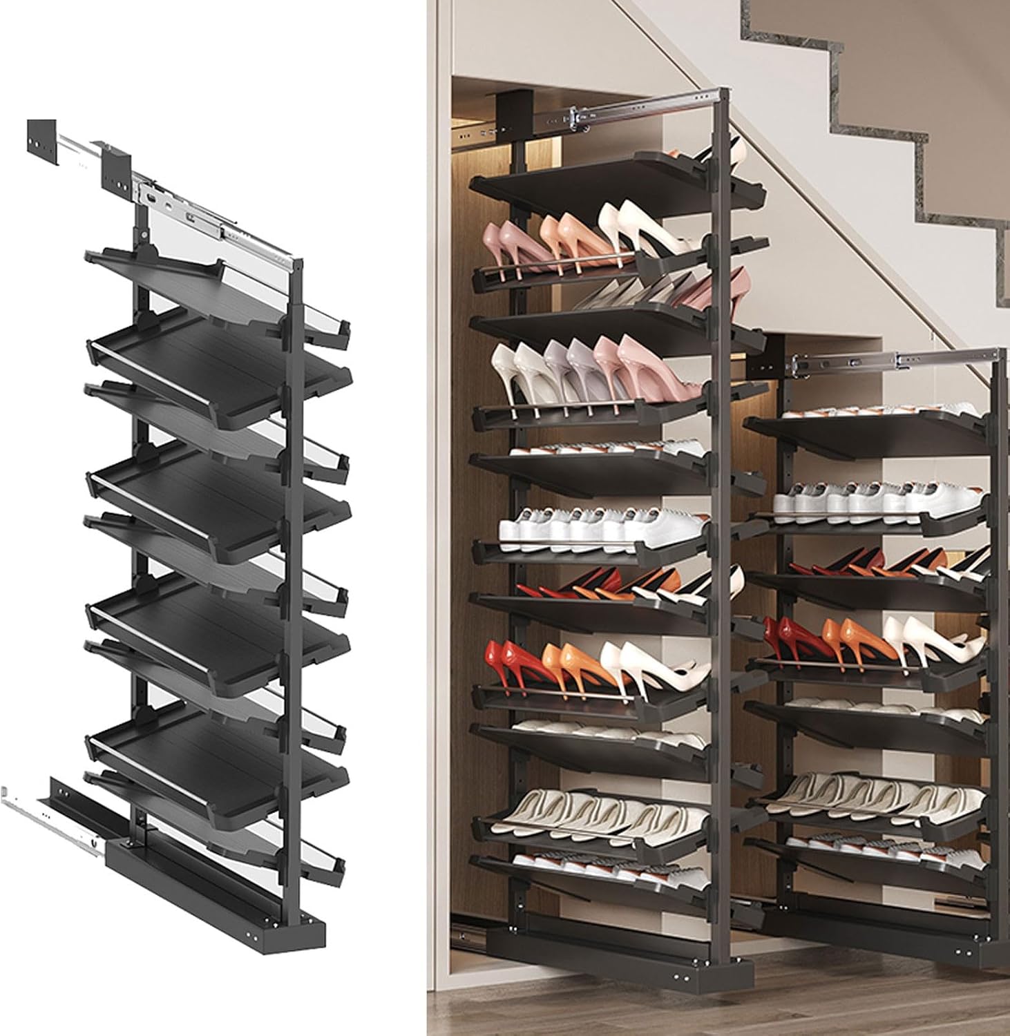 Pull Out Shoe Rack Rotating Shoe Cabinet Cabiner Rotate Rotating Shoe Storage Rack for Wardrobes Retractable，Adjustable Pull-Out Shoe Rack Organizer - 9 Tier Stackable Design with Retractabl