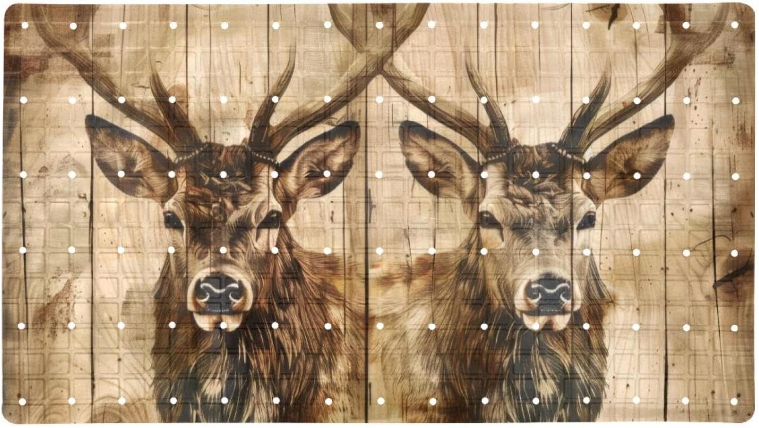 Bathtub Mats for Shower Tub, Elk on Retro Wooden Background Anti-Slip Bath Mats for Inside Tub, Bathroom Shower Mats with Drain Holes and Suction Cups