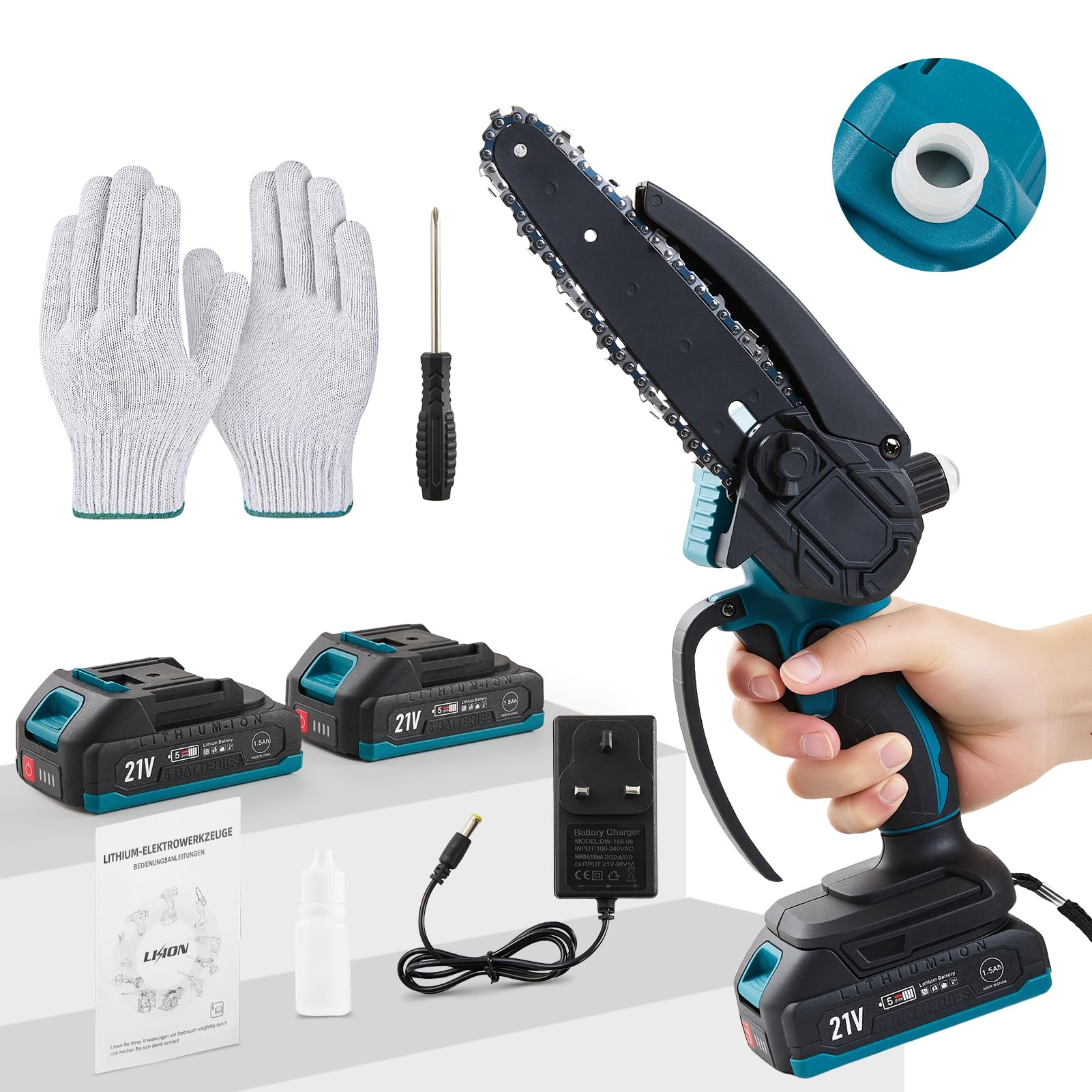 DKIEI Mini Cordless Chainsaw, 8 Inch Brushless Electric Chainsaw with 2 Rechargeable Battery & 2 Chains, Chain Saw Power Tools with Safety Button for Branch Wood Cutting & Garden Tree Trimming