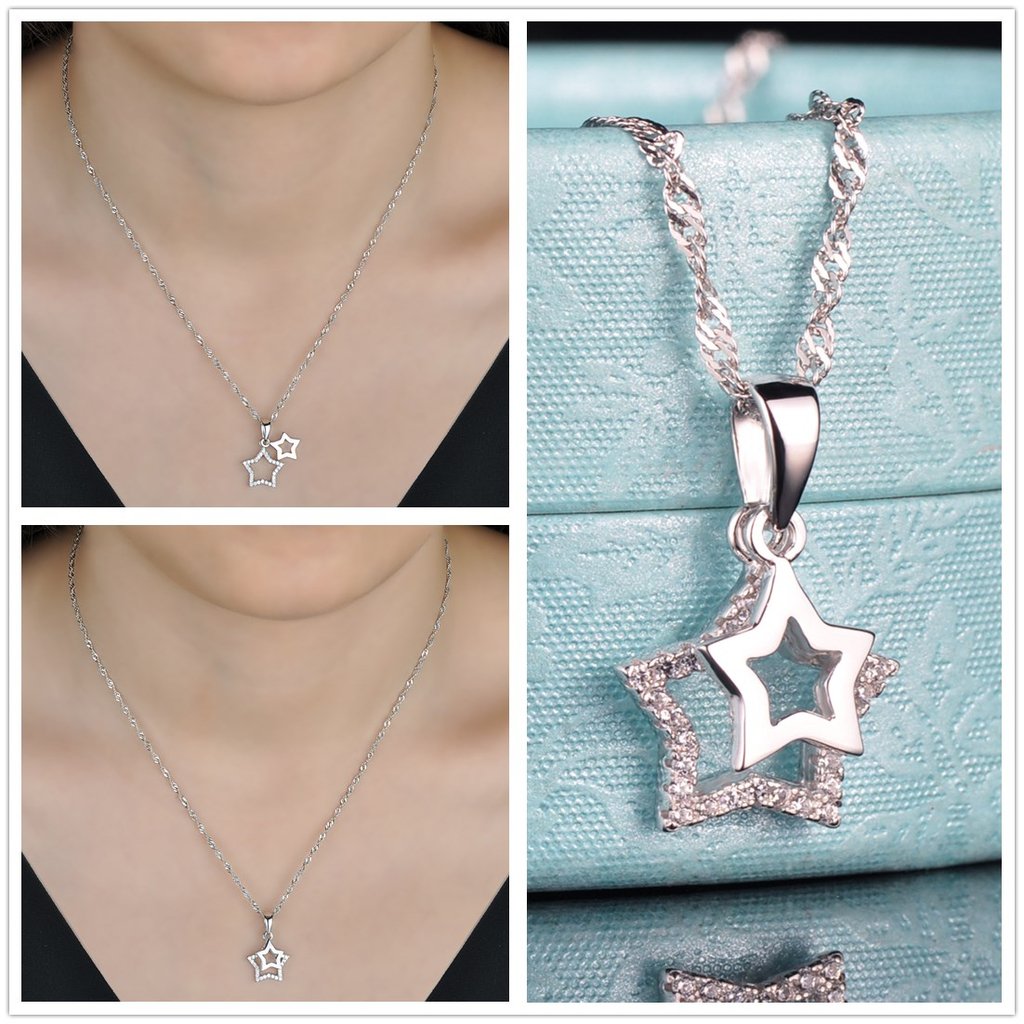 Yumilok 925 Sterling Silber Zirkonia Sterne Halskette Charm-Armband Ohrstecker Schmuck Set Armkette Ohrringe Kette mit Anhänger Set für Damen Mädchen