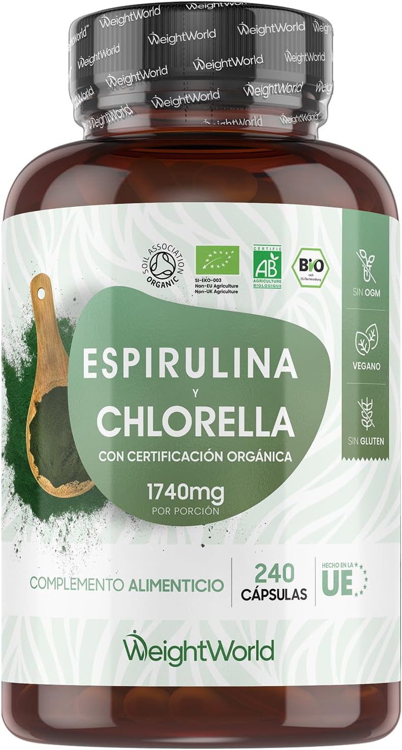 WeightWorld Espirulina y Chlorella Orgánica 1740mg 240 Cápsulas Vegano Detox