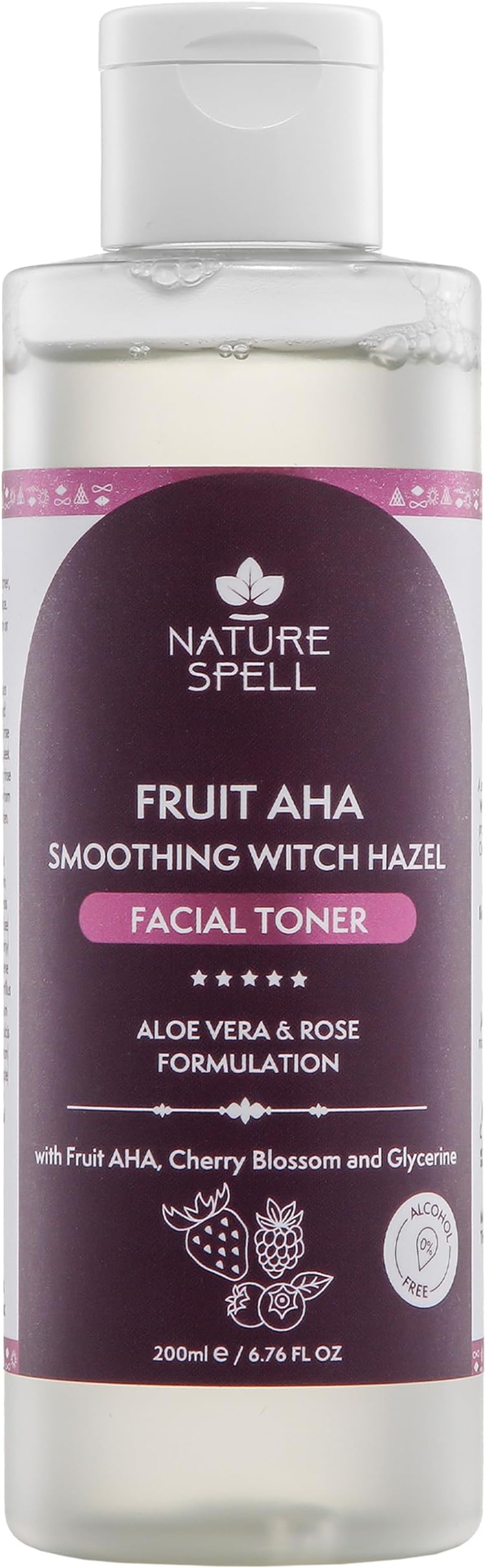 Nature Spell Fruit AHA & Witch Hazel Toner for Face, Soothing & Hydrating Face Toner, Helps Tighten Pores, Infused with Aloe Vera, Rose Water & Cherry Blossom, Alcohol-Free, Vegan Skincare, 200ml