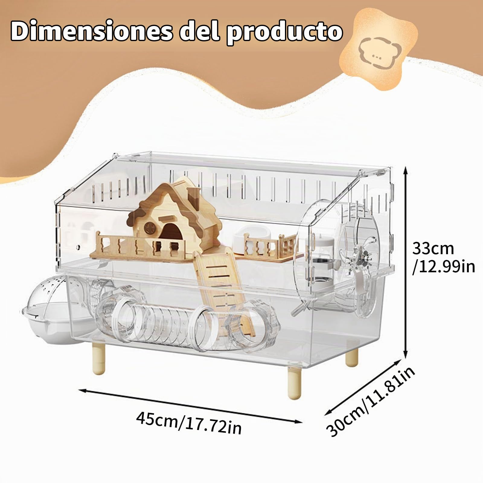Jaula de hámster de acrílico con accesorios, jaula transparente para roedores de 45×30×33 cm con rueda, túnel, casa de madera, bebedero y cuenco para alimentos – Gran jaula para roedores pequeños para
