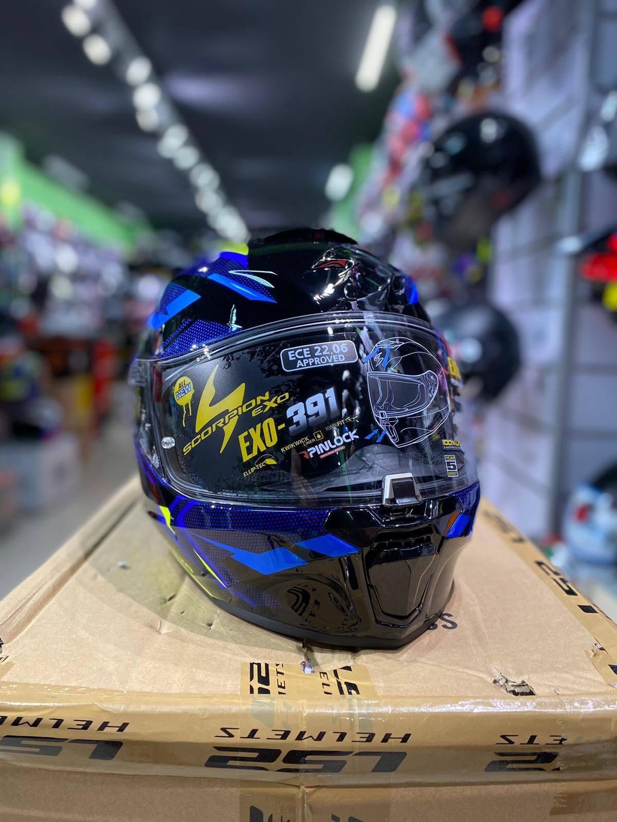 MC Scorpion Exo-391 aaxos Azul Amarillo | Casco de Moto Integral Unisex Hombre y Mujer Homologado ECE 22.06 (L)