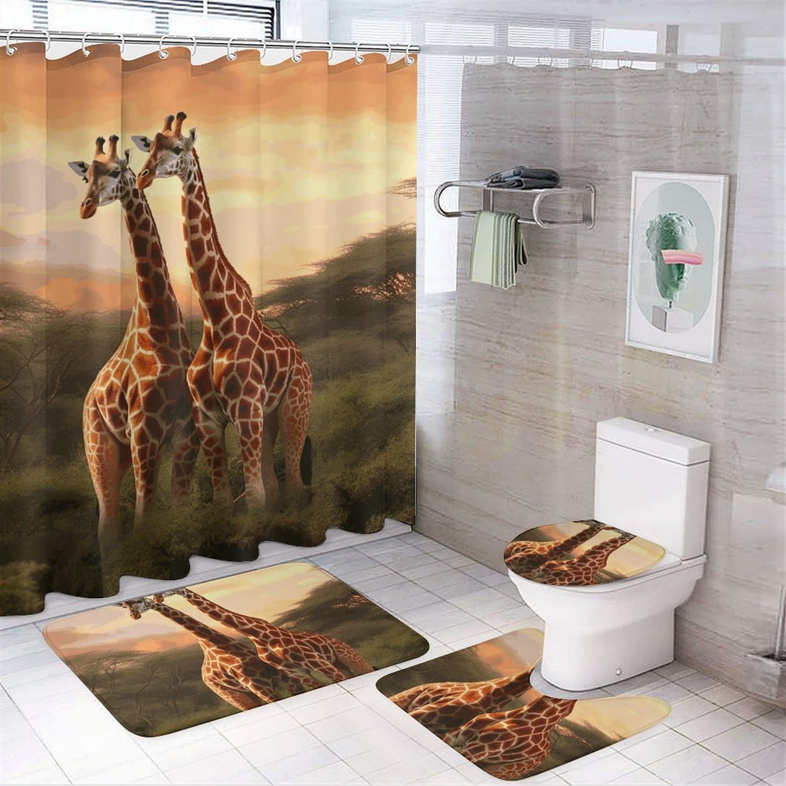 Ensemble rideau de douche 4 pièces avec tapis de bain en polaire corail