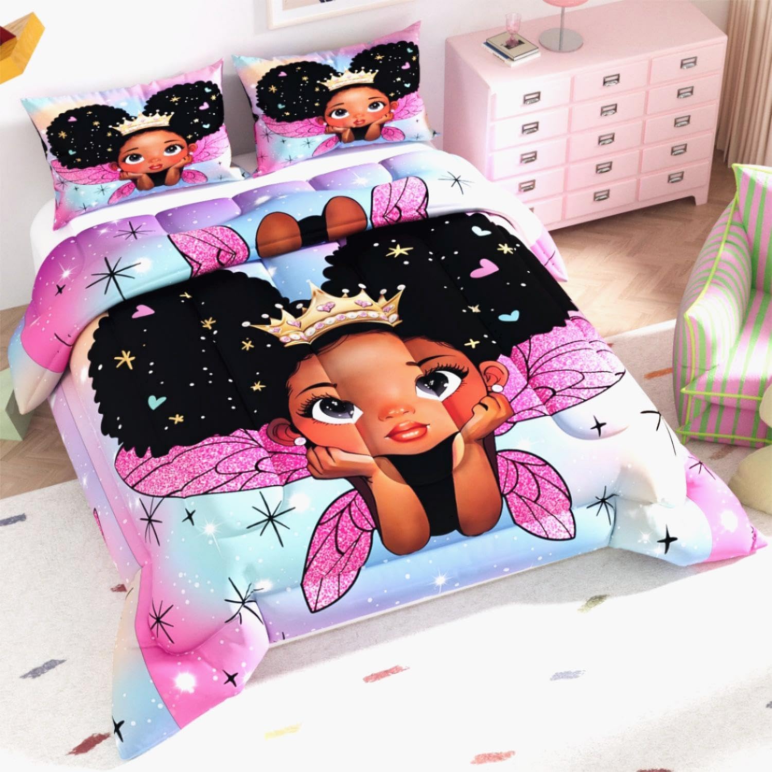 Black Girl Comforter Set, 3D Rainbow Pink glaxy Pattern for Kids Girls Adults,Decorative Bedding Comforter Sets with 2 Pillow Shams, Twin Size