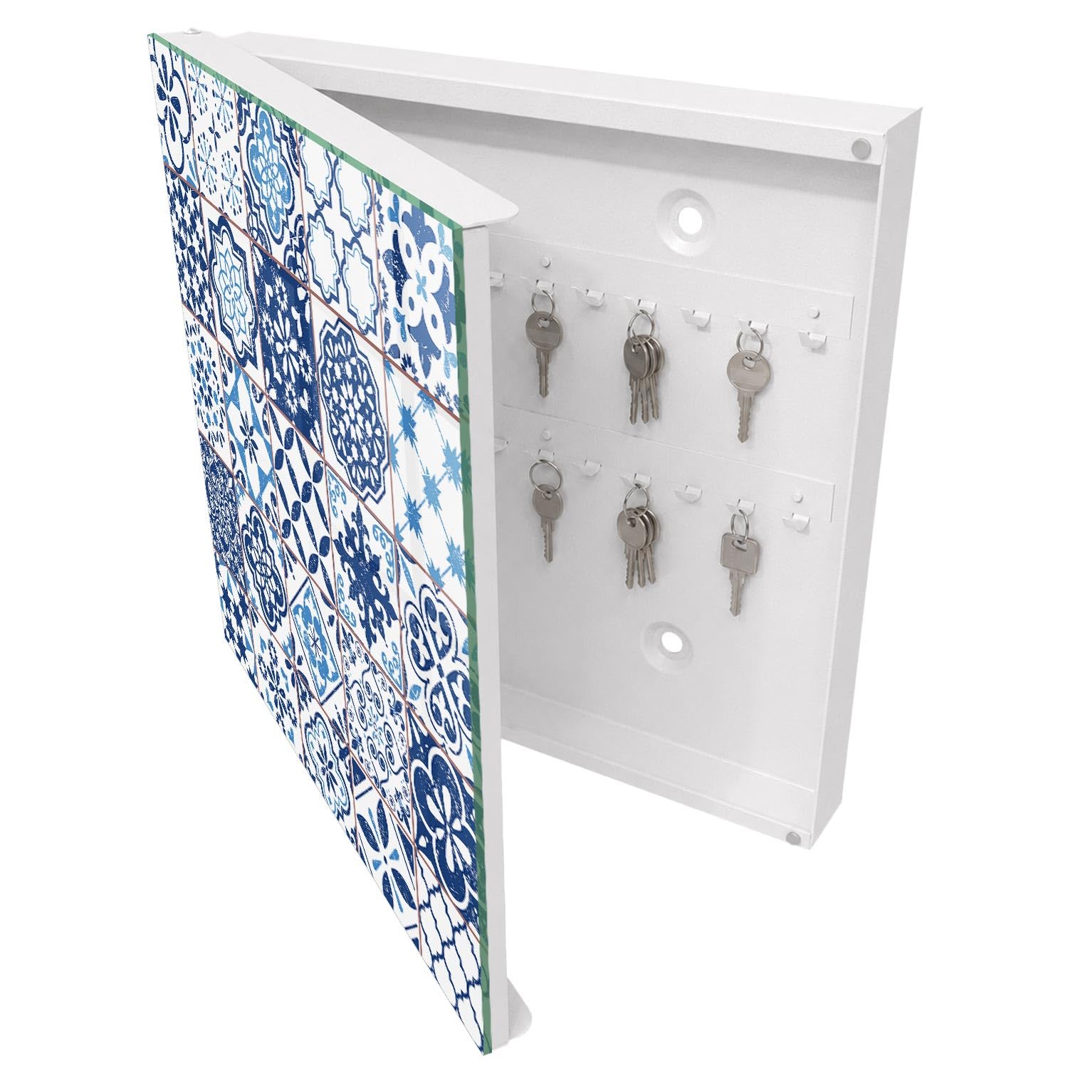 Armadietto Portachiavi 30x30 cm | Bianco | A Sinistra | Montaggio a Parete | Piastrelle Blu | per Uffici | in Metallo | Tasselli e Viti Inclusi | Frontale Decorativo in Vetro Temperato