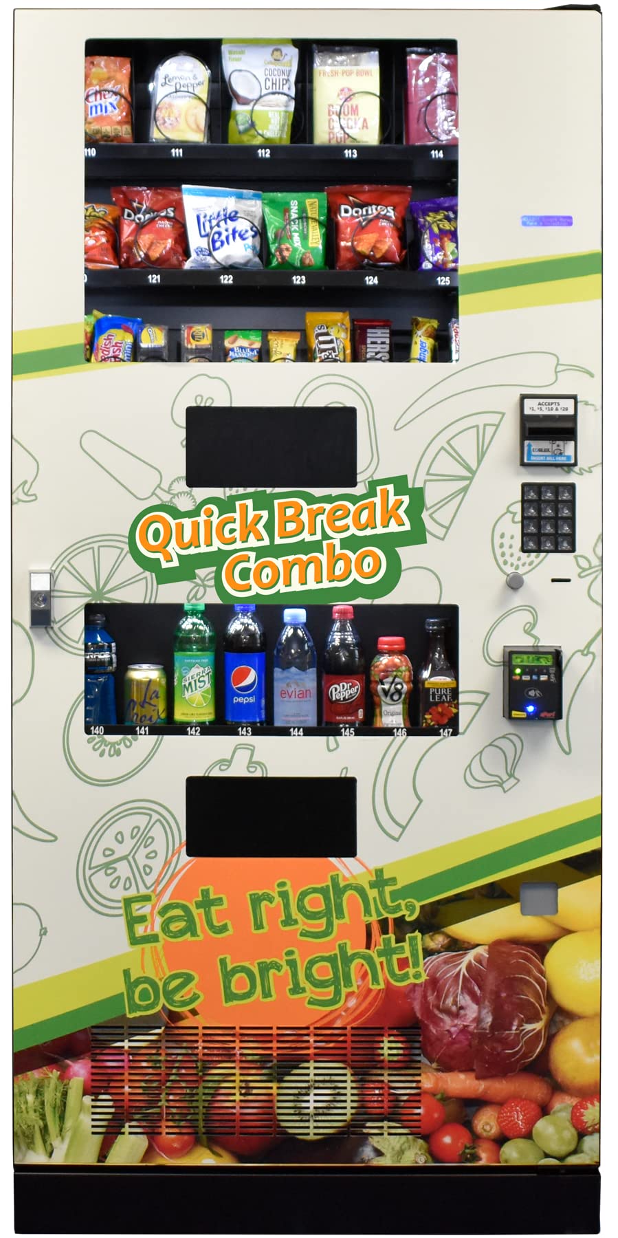 SEAGAQB2000 Quick Break Combo Vendor, Fully Programmable, 21 Snacks/8 Drink Selections, Includes Changer, Bill Acceptor & Cantaloupe Credit Card Reader (QB218)