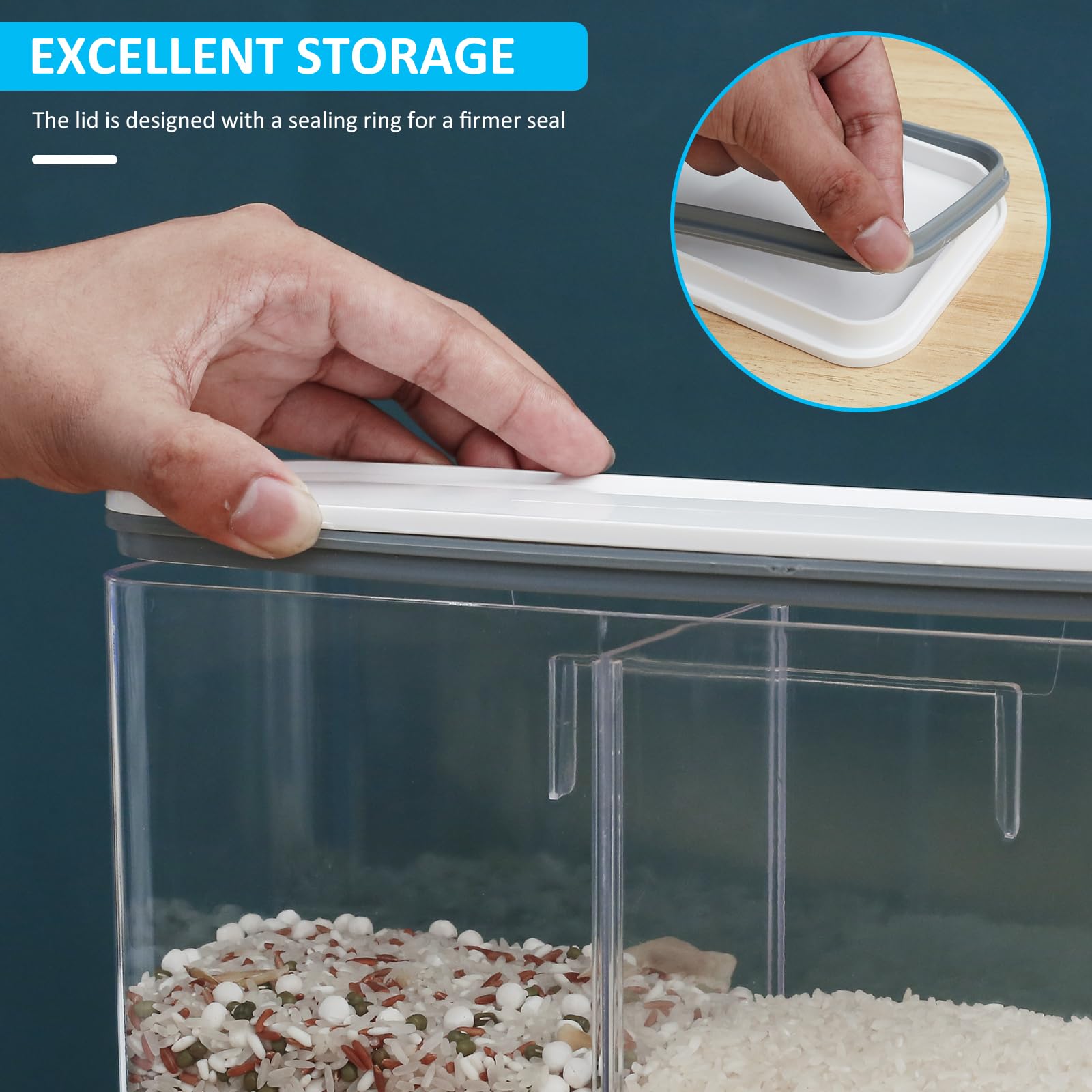 Contenitore per riso, 1500 ml, dispenser sigillato da parete, con coperchio e tazza, per cucina, design trasparente, organizer salvaspazio per alimenti