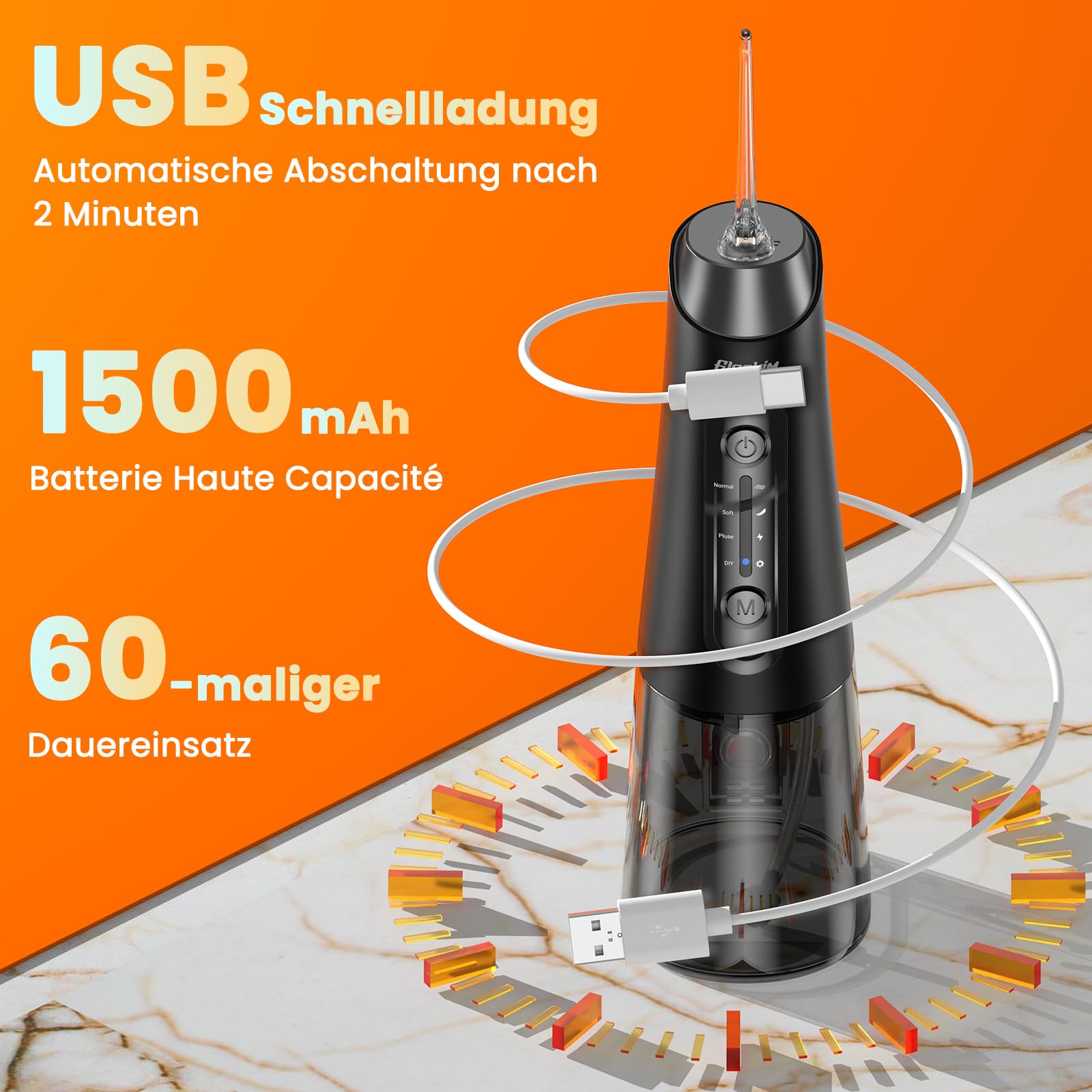 Jet Dentaire Hydropulseur Professionnel - 4 Modes de Nettoyage, Réservoir 320ML Grande Capacité, 8 Buses Interchangeables, USB Charge Rapide, IPX7 Étanche, Portable pour Maison & Voyage,Noir