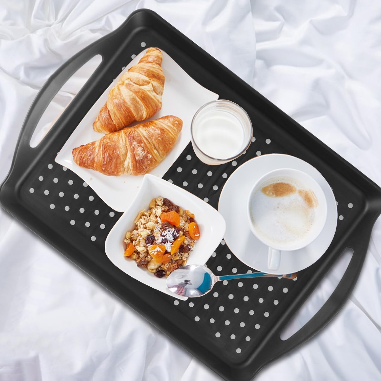4 x rutschfeste Serviertabletts mit Griffen, 41,9 cm, rechteckig, rutschfest, spülmaschinenfest, für Snacks, Obst, Dessert, Frühstück, Getränke, Schwarz