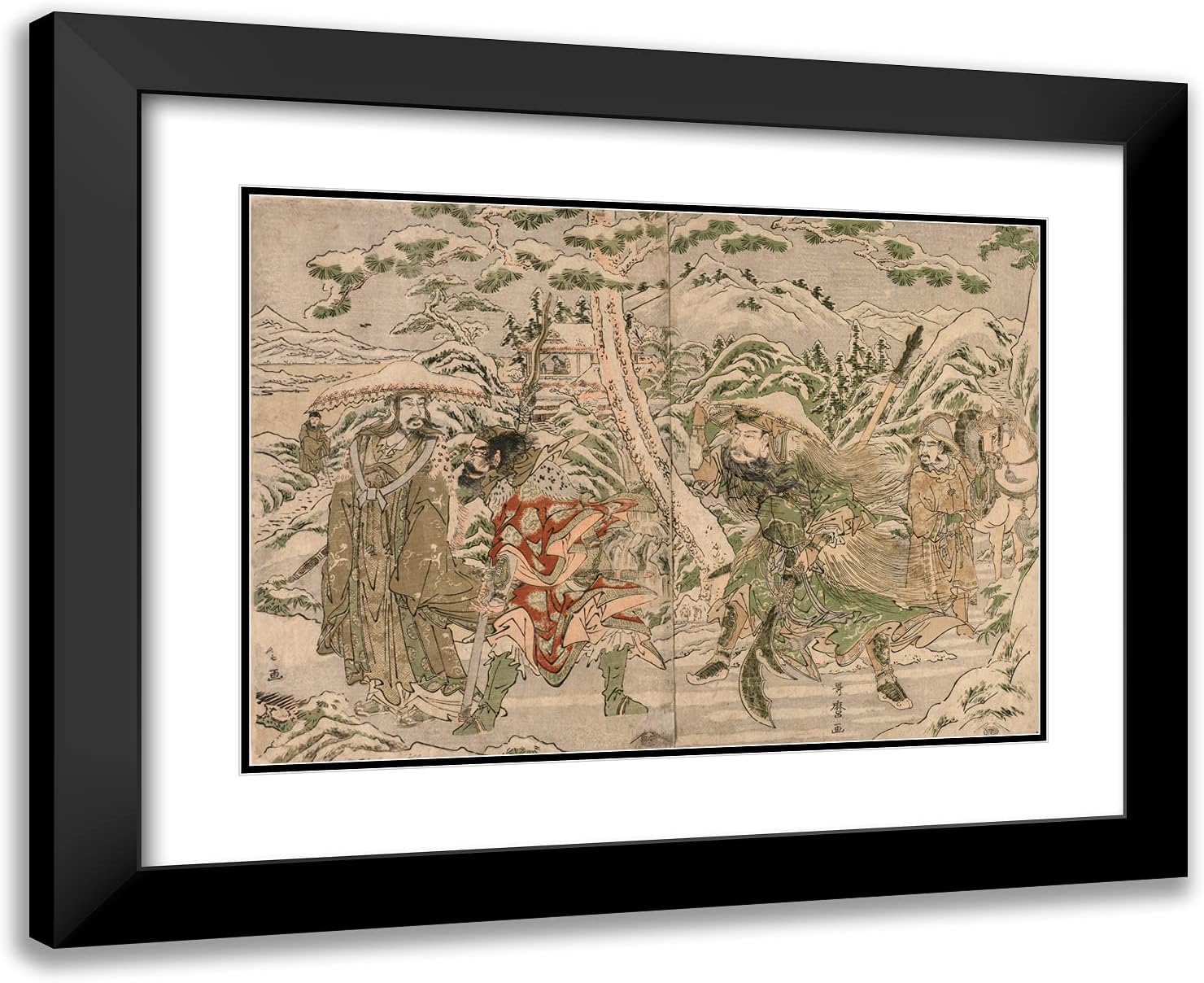 ArtDirect Utamaro, Kitagawa 24x19 Black Ornate Framed Art Print with Double Matting Titled: Winter Scene from The Romance of The Three Kingdoms
